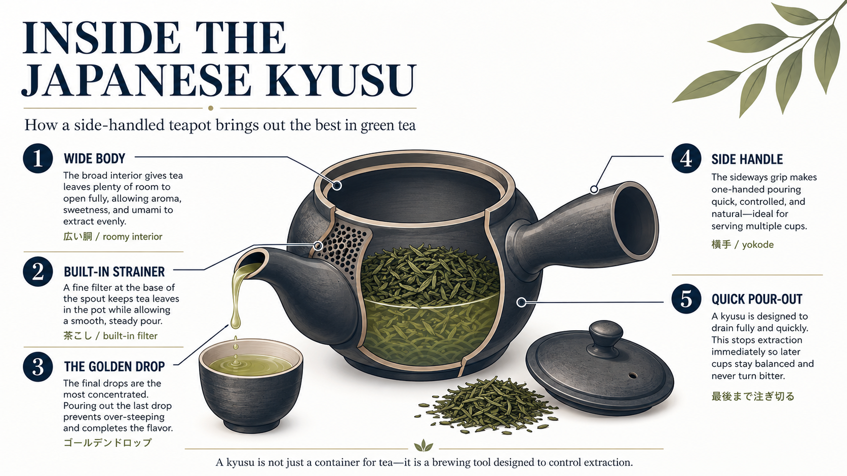 Diagram showing how a kyusu works: spacious interior, side handle, built-in filter, and the last drop